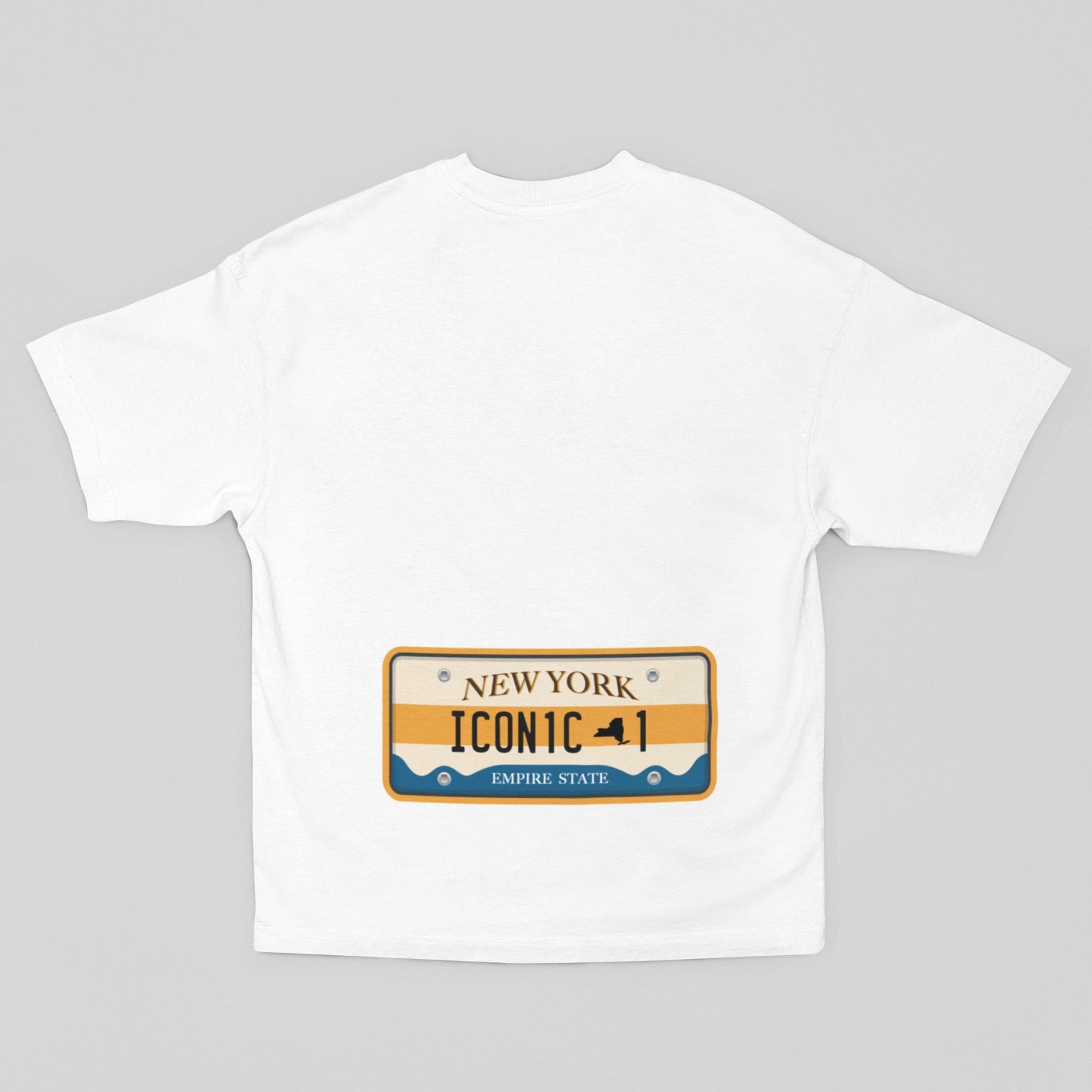 NYC Iconic Vibes Tee: Empire State Car Number Plate Design (Blue Yellow) - Threadster World