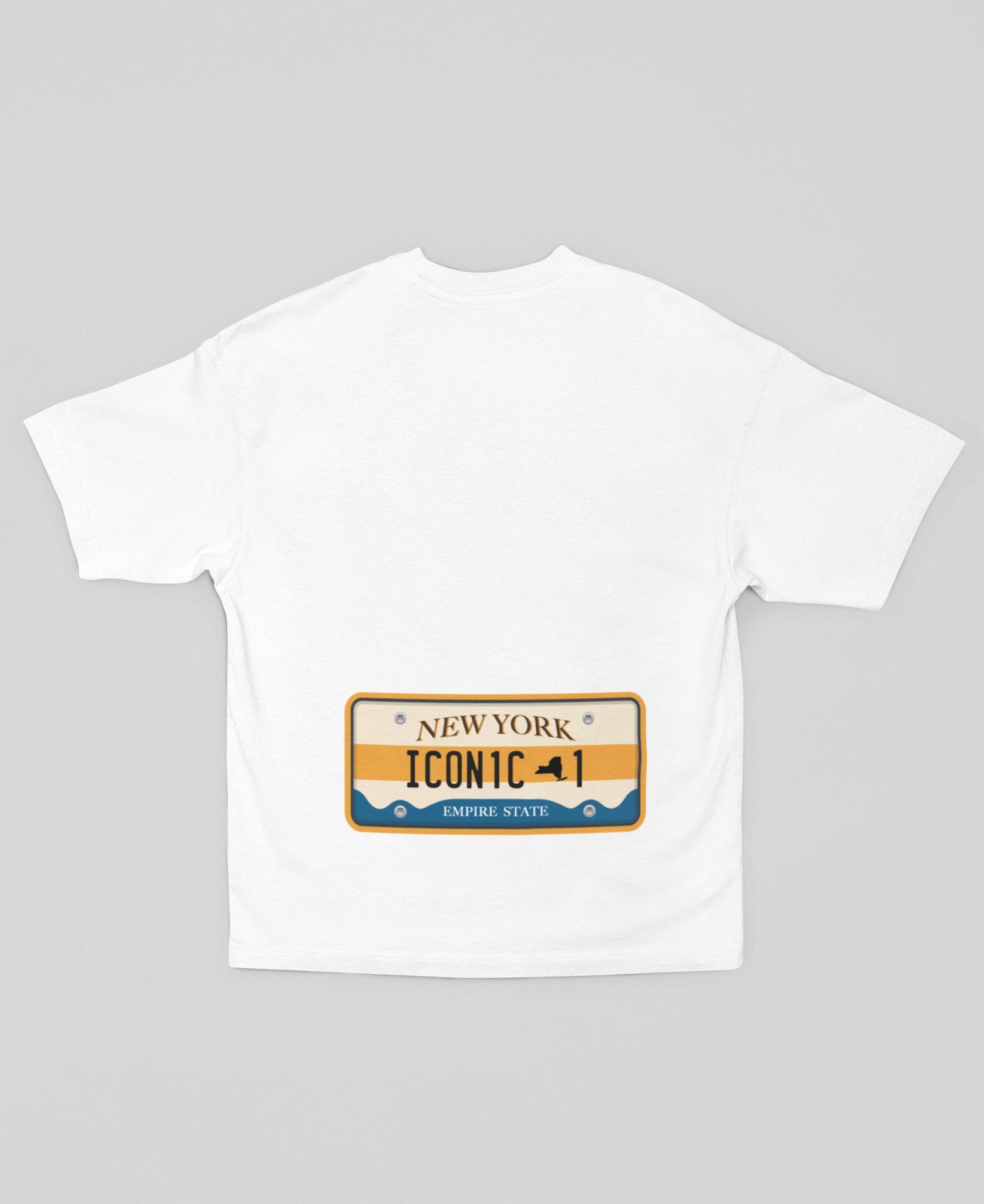 NYC Iconic Vibes Tee: Empire State Car Number Plate Design (Blue Yellow) - Threadster World